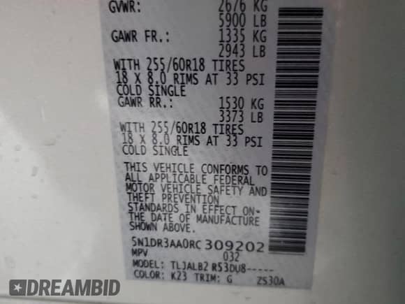 2024 Nissan Pathfinder S with VIN 5N1DR3AA0RC309202, listed as a Copart auction lot 55341725 with 9,549 mi miles and Salvage title. Bid and sale history available at DreamBid. Image 14.