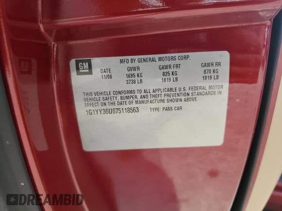 ✅ 2007 Chevrolet Corvette • VIN: 1G1YY36U075118563 • Lot: 59271275. Listed on Copart with 62,467 mi. Free auction sales archive from the USA and detailed vehicle history report at DreamBid. Image 12.