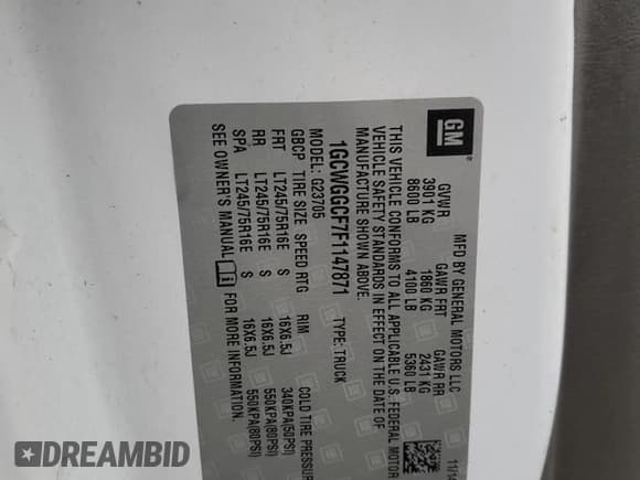 ✅ 2015 Chevrolet Express Cargo • VIN: 1GCWGGCF7F1147871 • Lot: 85934124. Listed on Copart with Not provided. Free auction sales archive from the USA and detailed vehicle history report at DreamBid. Image 12.