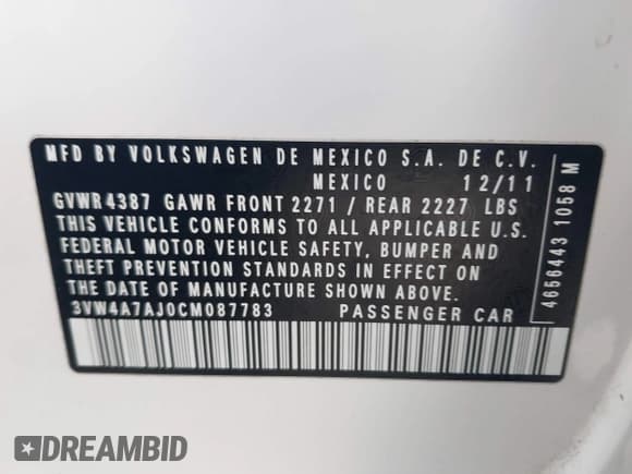 ✅ 2012 Volkswagen Jetta PZEV • VIN: 3VW4A7AJ0CM087783 • Lot: 43756206. Listed on IAAI with 102,743 mi. Free auction sales archive from the USA and detailed vehicle history report at DreamBid. Image 9.