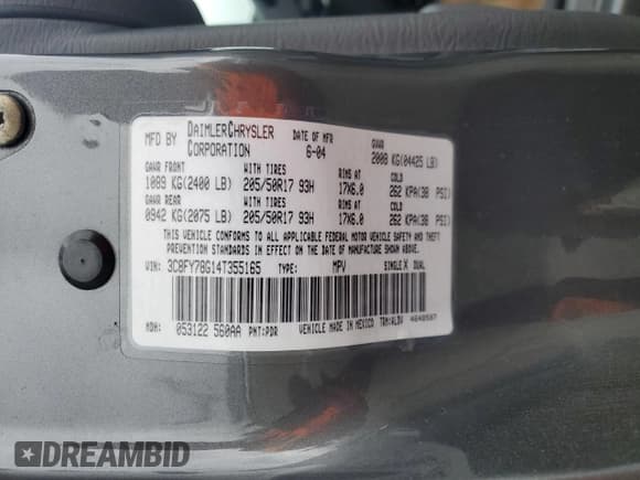 ✅ 2004 Chrysler PT Cruiser GT • VIN: 3C8FY78G14T355165 • Lot: 55502235. Listed on Copart with 65,783 mi. Free auction sales archive from the USA and detailed vehicle history report at DreamBid. Image 12.