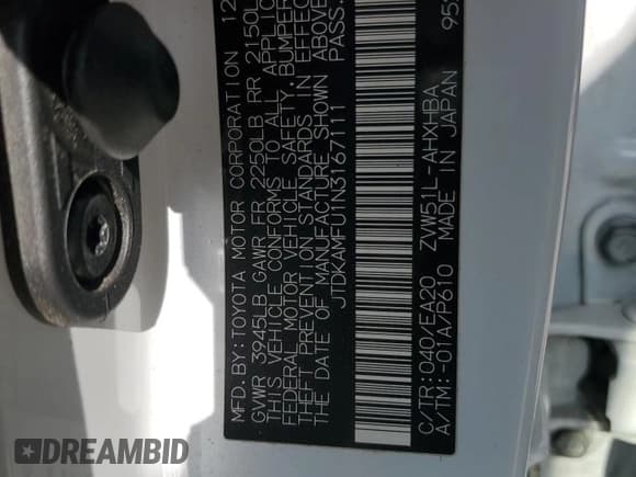 ✅ 2022 Toyota Prius LE • VIN: JTDKAMFU1N3167111 • Lot: 87488625. Listed on Copart with 95,196 mi. Free auction sales archive from the USA and detailed vehicle history report at DreamBid. Image 12.