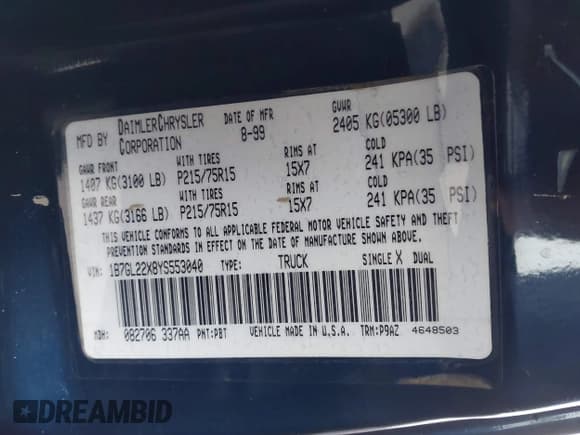 ✅ 2000 Dodge Dakota • VIN: 1B7GL22X8YS553040 • Lot: 41186125. Listed on IAAI with 88,127 mi. Free auction sales archive from the USA and detailed vehicle history report at DreamBid. Image 9.