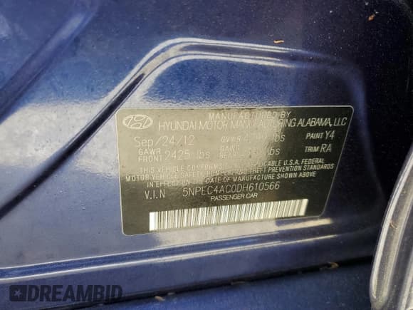 ✅ 2013 Hyundai Sonata SE • VIN: 5NPEC4AC0DH610566 • Lot: 74681434. Listed on Copart with Not provided. Free auction sales archive from the USA and detailed vehicle history report at DreamBid. Image 12.