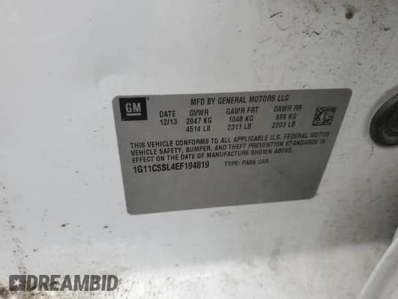 ✅ 2014 Chevrolet Malibu LT • VIN: 1G11C5SL4EF194819 • Lot: 61065024. Listed on Copart with 130,971 mi miles. Access the free auction sales archive from the USA and view a detailed vehicle history report at DreamBid. Image 12.