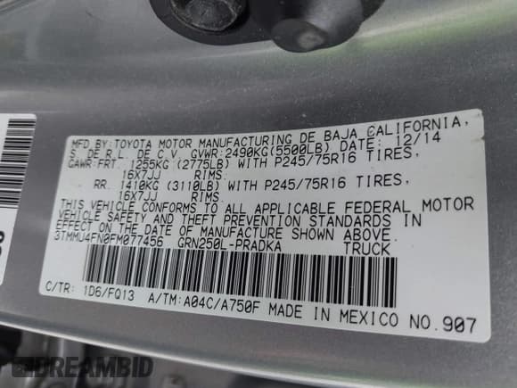 ✅ 2015 Toyota Tacoma • VIN: 3TMMU4FN0FM077456 • Lot: 42985503. Listed on IAAI with 224,104 mi. Free auction sales archive from the USA and detailed vehicle history report at DreamBid. Image 9.