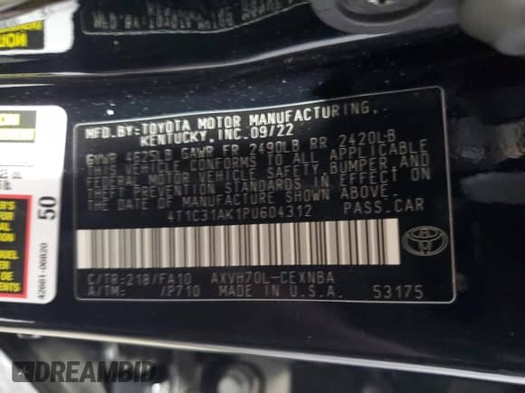 2023 Toyota Camry Hybrid LE с VIN 4T1C31AK1PU604312, выставлен на аукционе Copart как лот 68065825 с пробегом 97 396 миль миль и Чистый • Clean title. История ставок и продаж доступна на DreamBid. Изображение 12.