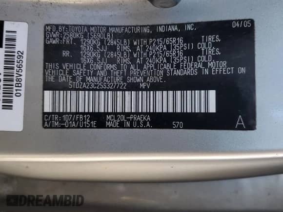 2005 Toyota Sienna LE z VIN 5TDZA23C25S327722, wystawiony jako Copart lot #81860835 z przebiegiem Nie podano mil oraz Szkoda całkowita • Salvage title. Historia ofert i sprzedaży dostępna na DreamBid. Obrazek 13.