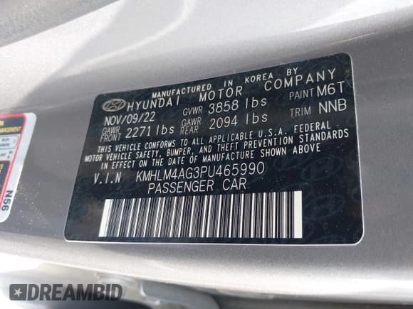 ✅ 2023 Hyundai Elantra SEL • VIN: KMHLM4AG3PU465990 • Lot: 43314922. Listed on IAAI with 51,529 mi. Free auction sales archive from the USA and detailed vehicle history report at DreamBid. Image 9.