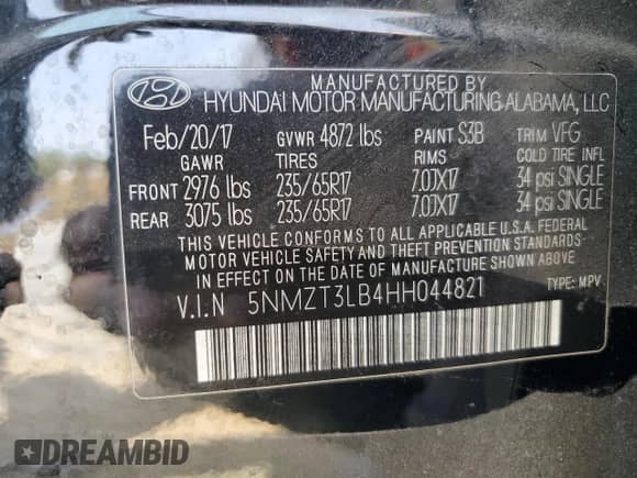 ✅ 2017 Hyundai Santa Fe 2.4L • VIN: 5NMZT3LB4HH044821 • Lot: 46889233. Wystawiony na Copart z przebiegiem 93 261 mil. Bezpłatny archiwum sprzedaży aukcyjnych z USA i szczegółowy raport historii pojazdu na DreamBid. Zdjęcie 14.