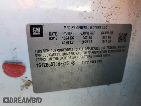 2017 Chevrolet Malibu LS z VIN 1G1ZB5ST0HF246148, wystawiony jako Copart lot #72062335 z przebiegiem Nie podano mil oraz Szkoda całkowita • Salvage title. Historia ofert i sprzedaży dostępna na DreamBid. Obrazek 12.