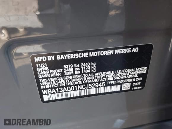 ✅ 2022 BMW 5 Series 530e • VIN: WBA13AG01NCJ52945 • Lot: 43805991. Listed on IAAI with 33,053 mi. Free auction sales archive from the USA and detailed vehicle history report at DreamBid. Image 9.