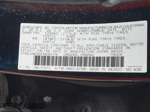 ✅ 2015 Toyota Tacoma • VIN: 3TMLU4EN5FM203176 • Lot: 43559270. Listed on IAAI with 265,603 mi. Free auction sales archive from the USA and detailed vehicle history report at DreamBid. Image 9.