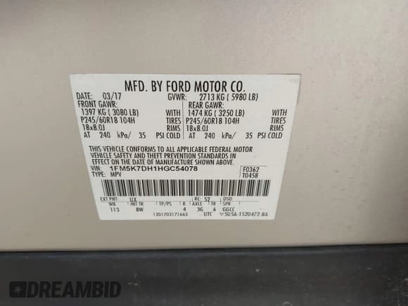 ✅ 2017 Ford Explorer XLT • VIN: 1FM5K7DH1HGC54078 • Lot: 42748822. Listed on IAAI with 136,356 mi. Free auction sales archive from the USA and detailed vehicle history report at DreamBid. Image 9.