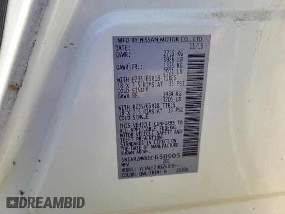 ✅ 2014 Nissan Pathfinder S • VIN: 5N1AR2MNXEC650905 • Lot: 42340137. Wystawiony na IAAI z przebiegiem 140 029 mil. Bezpłatny archiwum sprzedaży aukcyjnych z USA i szczegółowy raport historii pojazdu na DreamBid. Zdjęcie 9.