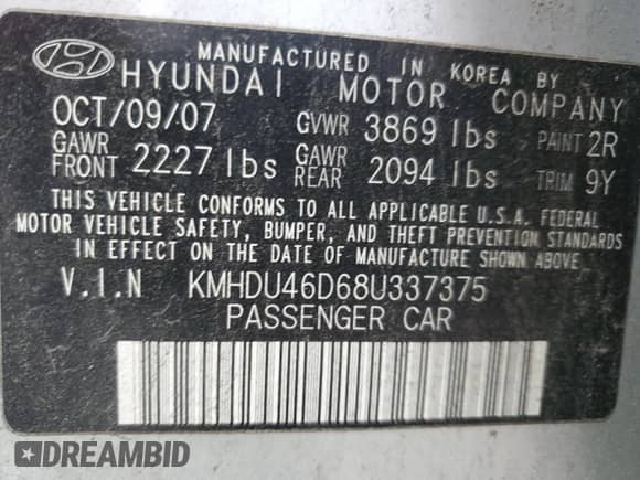 2008 Hyundai Elantra GLS с VIN KMHDU46D68U337375, выставлен на аукционе Copart как лот 90349045 с пробегом 68 759 миль миль и Чистый • Clean title. История ставок и продаж доступна на DreamBid. Изображение 12.