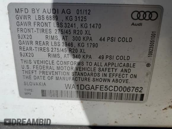 ✅ 2012 Audi Q7 S line • VIN: WA1DGAFE5CD006762 • Лот: 46335725. Опубликован ранее на Copart с пробегом 144 907 миль. Бесплатный доступ к архиву аукционных продаж из США и подробный отчёт об истории автомобиля на DreamBid. Изображение 13.