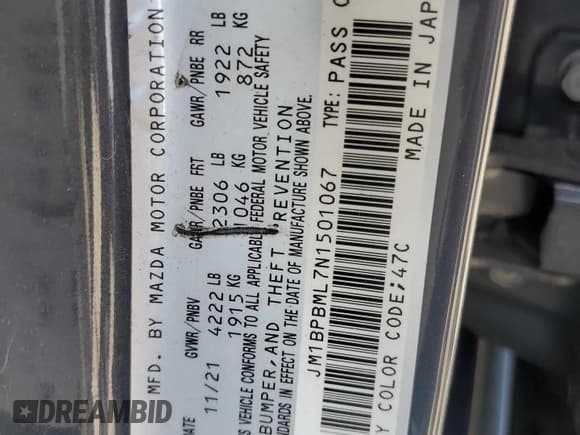 ✅ 2022 Mazda 3 Premium • VIN: JM1BPBML7N1501067 • Лот: 56142035. Опубликован ранее на Copart с пробегом 43 635 миль. Бесплатный доступ к архиву аукционных продаж из США и подробный отчёт об истории автомобиля на DreamBid. Изображение 12.