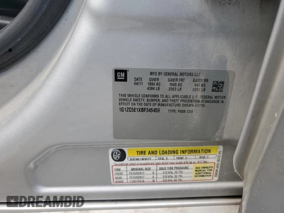 ✅ 2011 Chevrolet Malibu 1LT • VIN: 1G1ZC5E1XBF345459 • Lot: 69405734. Wystawiony na Copart z przebiegiem 127 704 mil. Bezpłatny archiwum sprzedaży aukcyjnych z USA i szczegółowy raport historii pojazdu na DreamBid. Zdjęcie 12.