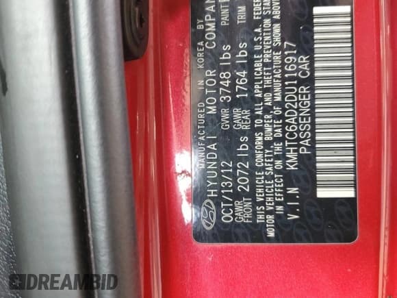 ✅ 2013 Hyundai Veloster w/Black Int • VIN: KMHTC6AD2DU116917 • Lot: 85534785. Listed on Copart with 110,550 mi. Free auction sales archive from the USA and detailed vehicle history report at DreamBid. Image 13.