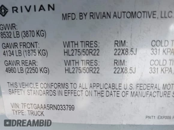 ✅ 2024 Rivian R1T Adventure • VIN: 7FCTGAAA5RN033799 • Лот: 41606562. Опубликован ранее на IAAI с пробегом 9 449 миль. Бесплатный доступ к архиву аукционных продаж из США и подробный отчёт об истории автомобиля на DreamBid. Изображение 9.
