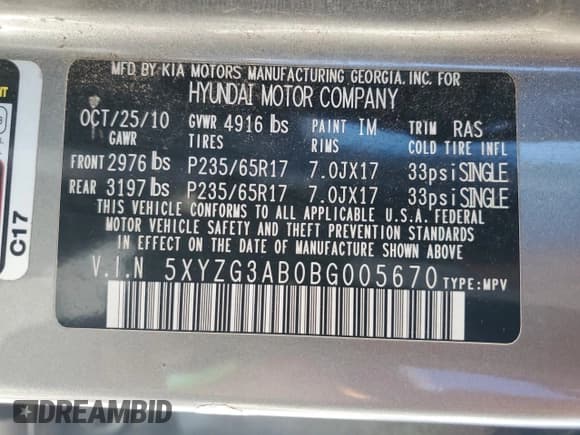 ✅ 2011 Hyundai Santa Fe GLS • VIN: 5XYZG3AB0BG005670 • Lot: 77069174. Listed on Copart with 238,635 mi. Free auction sales archive from the USA and detailed vehicle history report at DreamBid. Image 13.