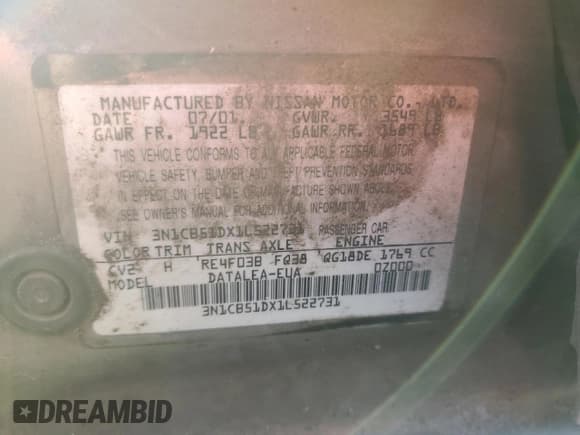 ✅ 2001 Nissan Sentra XE • VIN: 3N1CB51DX1L522731 • Lot: 81017495. Wystawiony na Copart z przebiegiem Nie podano. Bezpłatny archiwum sprzedaży aukcyjnych z USA i szczegółowy raport historii pojazdu na DreamBid. Zdjęcie 12.