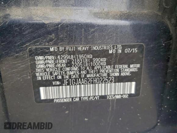 ✅ 2015 Subaru Impreza • VIN: JF1GJAA62FH022523 • Lot: 93433255. Wystawiony na Copart z przebiegiem 176 390 mil. Bezpłatny archiwum sprzedaży aukcyjnych z USA i szczegółowy raport historii pojazdu na DreamBid. Zdjęcie 13.