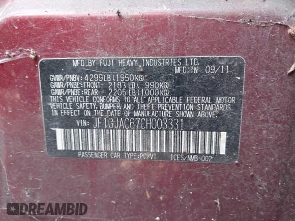 ✅ 2012 Subaru Impreza Premium • VIN: JF1GJAC67CH003331 • Lot: 43816429. Listed on IAAI with 243,810 mi. Free auction sales archive from the USA and detailed vehicle history report at DreamBid. Image 9.