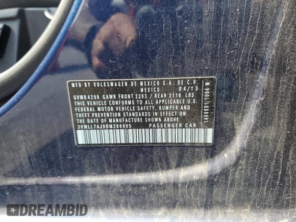 ✅ 2013 Volkswagen Jetta TDI w/Premium • VIN: 3VWLL7AJ9DM286905 • Lot: 53755935. Listed on Copart with 203,789 mi. Free auction sales archive from the USA and detailed vehicle history report at DreamBid. Image 12.