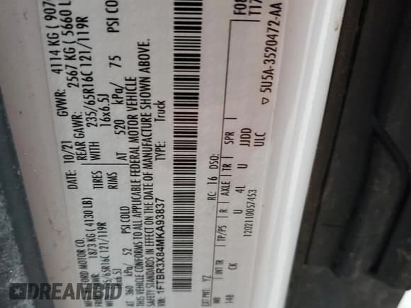 ✅ 2021 Ford Transit Cargo • VIN: 1FTBR3X84MKA93837 • Lot: 45632745. Wystawiony na Copart z przebiegiem 215 560 mil. Bezpłatny archiwum sprzedaży aukcyjnych z USA i szczegółowy raport historii pojazdu na DreamBid. Zdjęcie 14.