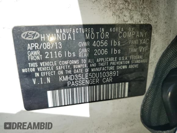 ✅ 2013 Hyundai Elantra • VIN: KMHD35LE5DU103891 • Lot: 80140255. Listed on Copart with 88,488 mi. Free auction sales archive from the USA and detailed vehicle history report at DreamBid. Image 13.