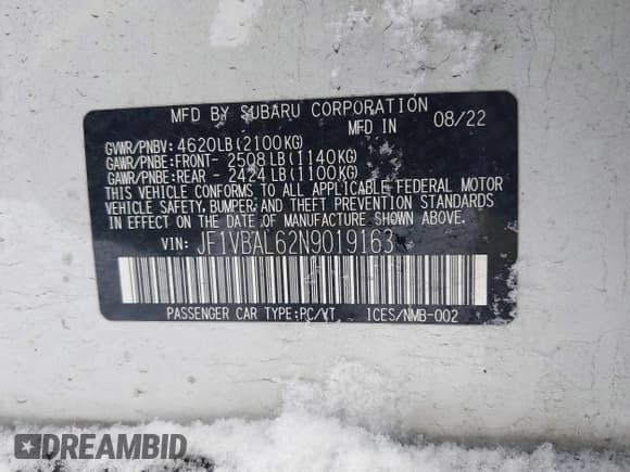 ✅ 2022 Subaru WRX Limited • VIN: JF1VBAL62N9019163 • Lot: 41171464. Listed on IAAI with 13,070 mi. Free auction sales archive from the USA and detailed vehicle history report at DreamBid. Image 9.