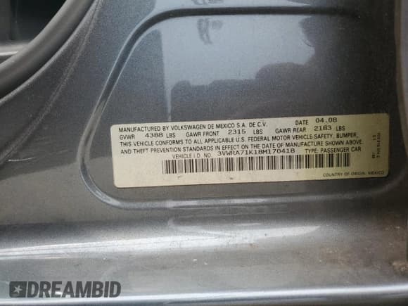 ✅ 2008 Volkswagen Jetta Wolfsburg Edition • VIN: 3VWRA71K18M170418 • Lot: 67568865. Listed on Copart with 91,253 mi. Free auction sales archive from the USA and detailed vehicle history report at DreamBid. Image 13.