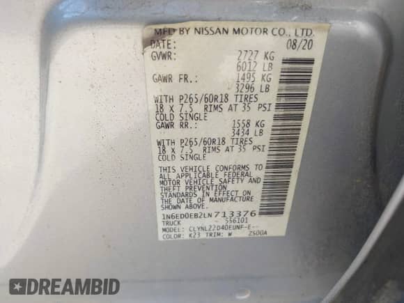 2020 Nissan Frontier SV with VIN 1N6ED0EB2LN713376, listed as a IAAI auction lot 42656971 with 57,916 mi miles and . Bid and sale history available at DreamBid. Image 9.