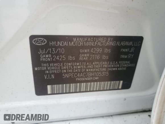 ✅ 2011 Hyundai Sonata SE • VIN: 5NPEC4AC7BH105315 • Lot: 74718604. Listed on Copart with Not provided. Free auction sales archive from the USA and detailed vehicle history report at DreamBid. Image 13.