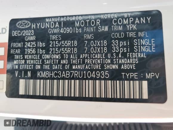 2024 Hyundai Kona SEL with VIN KM8HC3AB7RU104935, listed as a Copart auction lot 84036294 with 6,786 mi miles and Salvage title. Bid and sale history available at DreamBid. Image 14.