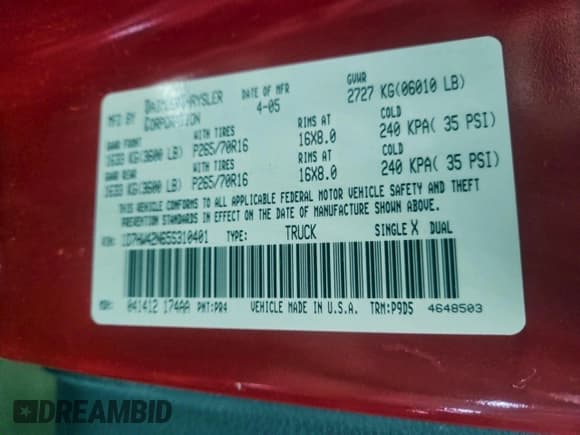 ✅ 2005 Dodge Dakota SLT • VIN: 1D7HW42N65S310401 • Lot: 96517265. Listed on Copart with 119,358 mi. Free auction sales archive from the USA and detailed vehicle history report at DreamBid. Image 12.