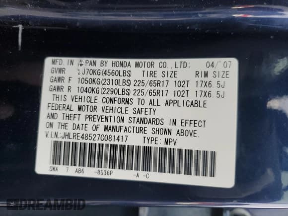 ✅ 2007 Honda CR-V EX • VIN: JHLRE48527C081417 • Lot: 92599175. Listed on Copart with 185,398 mi. Free auction sales archive from the USA and detailed vehicle history report at DreamBid. Image 13.