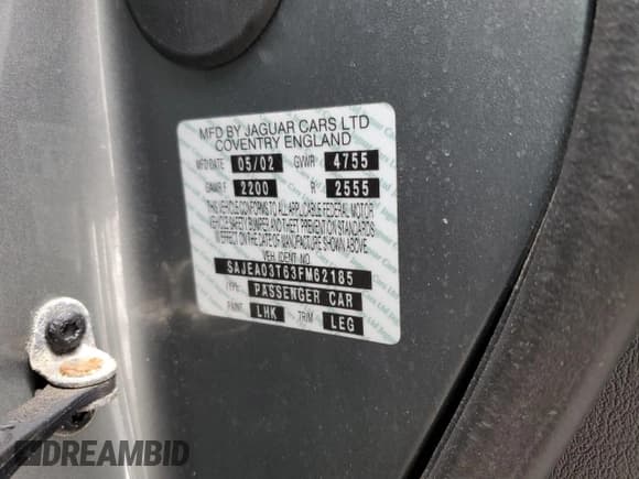 ✅ 2003 Jaguar S-Type • VIN: SAJEA03T63FM62185 • Lot: 44846205. Listed on Copart with 73,750 mi. Free auction sales archive from the USA and detailed vehicle history report at DreamBid. Image 12.