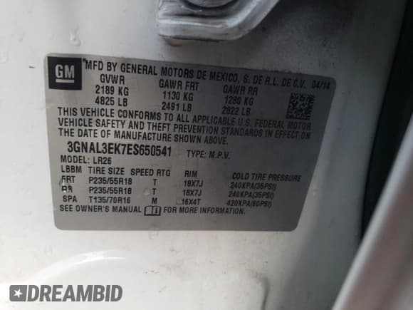 ✅ 2014 Chevrolet Captiva Sport LT • VIN: 3GNAL3EK7ES650541 • Lot: 46481255. Wystawiony na Copart z przebiegiem 171 787 mil. Bezpłatny archiwum sprzedaży aukcyjnych z USA i szczegółowy raport historii pojazdu na DreamBid. Zdjęcie 13.