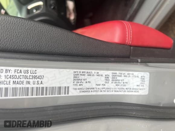 ✅ 2020 Dodge Durango R/T • VIN: 1C4SDJCT0LC395437 • Lot: 61774335. Wystawiony na Copart z przebiegiem 55 208 mil. Bezpłatny archiwum sprzedaży aukcyjnych z USA i szczegółowy raport historii pojazdu na DreamBid. Zdjęcie 10.