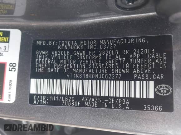 2022 Toyota Camry XSE with VIN 4T1K61BK0NU062277, listed as a IAAI auction lot 41083917 with 33,571 mi miles and . Bid and sale history available at DreamBid. Image 9.