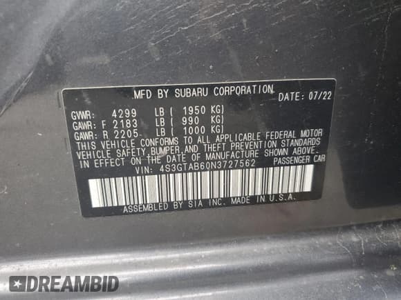 ✅ 2022 Subaru Impreza • VIN: 4S3GTAB60N3727562 • Lot: 70875395. Listed on Copart with 54,254 mi. Free auction sales archive from the USA and detailed vehicle history report at DreamBid. Image 12.