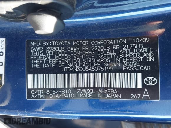 ✅ 2010 Toyota Prius III • VIN: JTDKN3DU8A5075199 • Lot: 43669525. Listed on IAAI with 187,383 mi. Free auction sales archive from the USA and detailed vehicle history report at DreamBid. Image 9.