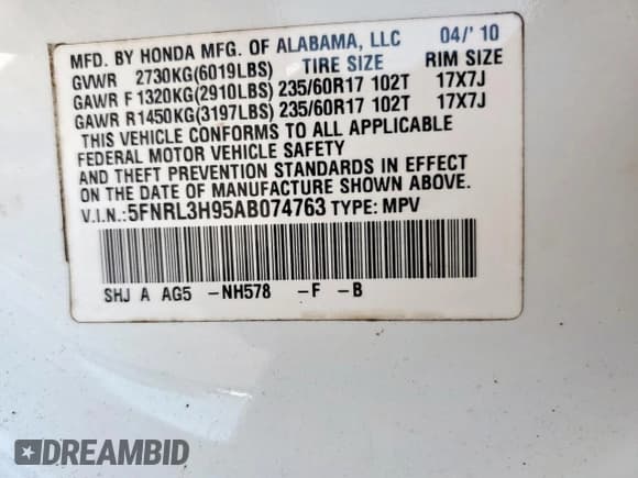 ✅ 2010 Honda Odyssey Touring • VIN: 5FNRL3H95AB074763 • Lot: 71676915. Listed on Copart with 163,663 mi. Free auction sales archive from the USA and detailed vehicle history report at DreamBid. Image 13.