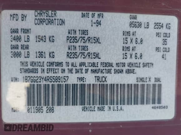 1994 Dodge Dakota with VIN 1B7GG23Y4RS589157, listed as a IAAI auction lot 41869916 with 122,140 mi miles and . Bid and sale history available at DreamBid. Image 9.