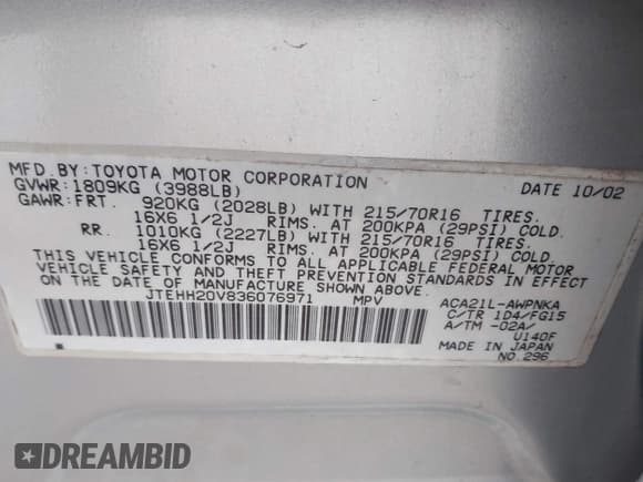 ✅ 2003 Toyota RAV4 • VIN: JTEHH20V836076971 • Lot: 42926707. Listed on IAAI with 154,940 mi. Free auction sales archive from the USA and detailed vehicle history report at DreamBid. Image 9.