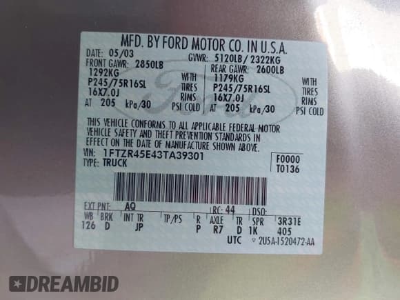 ✅ 2003 Ford Ranger XL Fleet • VIN: 1FTZR45E43TA39301 • Lot: 43349773. Listed on IAAI with 125,166 mi. Free auction sales archive from the USA and detailed vehicle history report at DreamBid. Image 9.