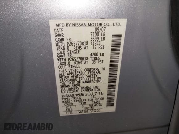 ✅ 2008 Nissan Titan XE • VIN: 1N6AA07D98N331746 • Lot: 42863017. Listed on IAAI with 165,637 mi. Free auction sales archive from the USA and detailed vehicle history report at DreamBid. Image 9.